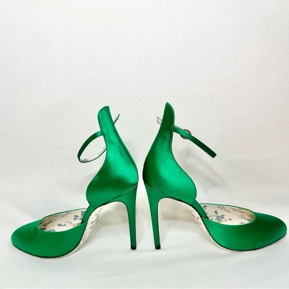 Gucci Emerald Green Satin Ankle Strap D’Orsay Heels Women’s 9.5 With Box